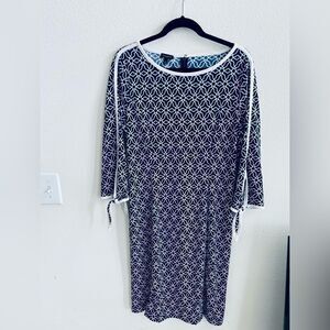 TALBOTS Navy Blue Flowers with White Trim 3/4 Sleeve Midi Dress Tie Sleeves L